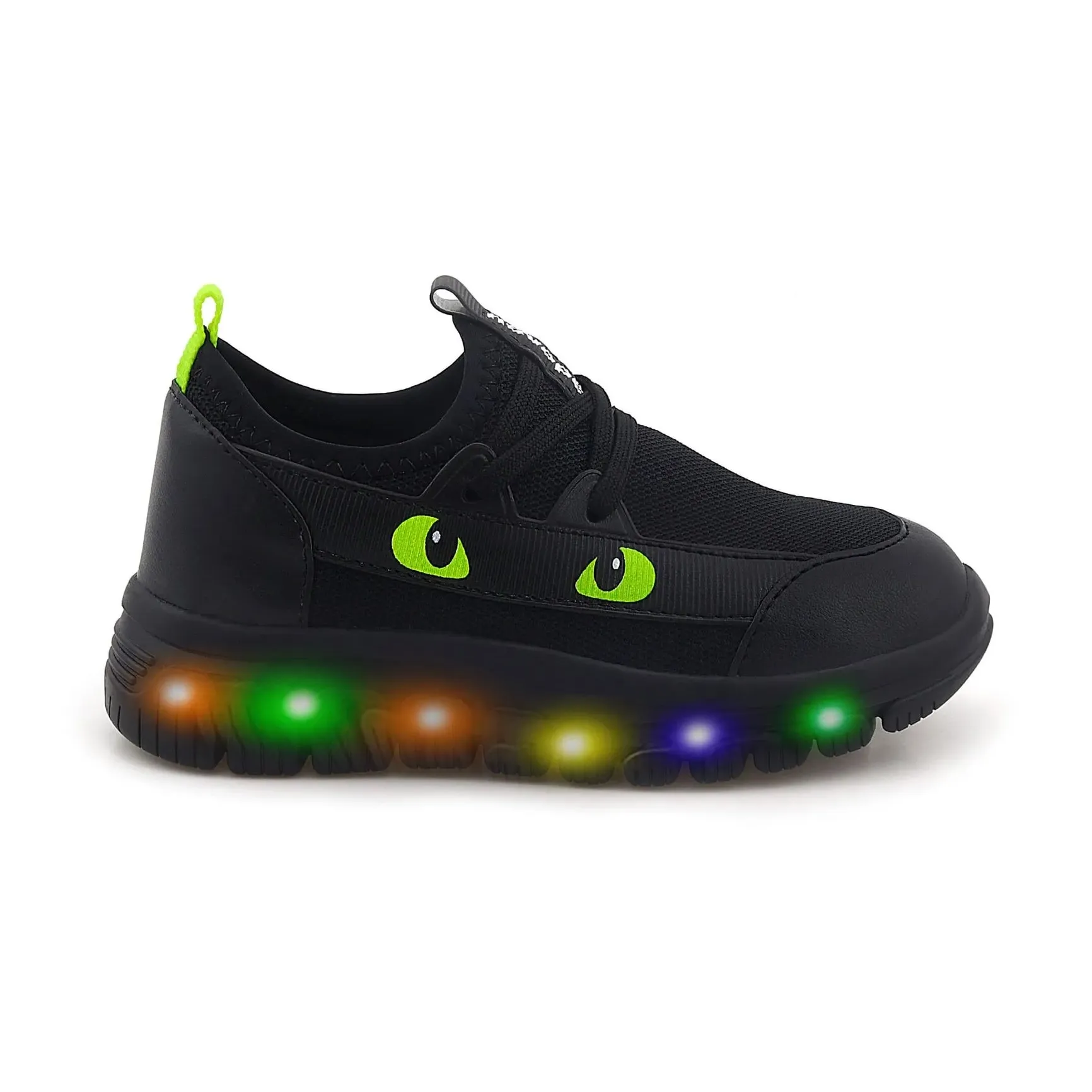 Tênis infantil Novopé LED preto com detalhes verdes e solado iluminado